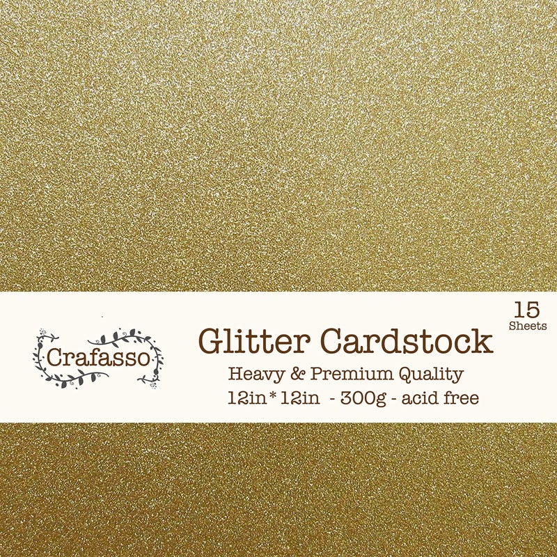 Crafasso 12" x 12" 300gms Heavy & Premium Glitter cardstock, 15 Sheets, Gold - Image 1